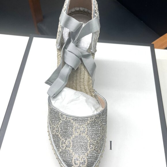 GUCCI SHOES HERITAGE PILAR LAME SILVER GG PLATFORM ESPADRILLE WEDGES 38.5 US 8 - Picture 9 of 16